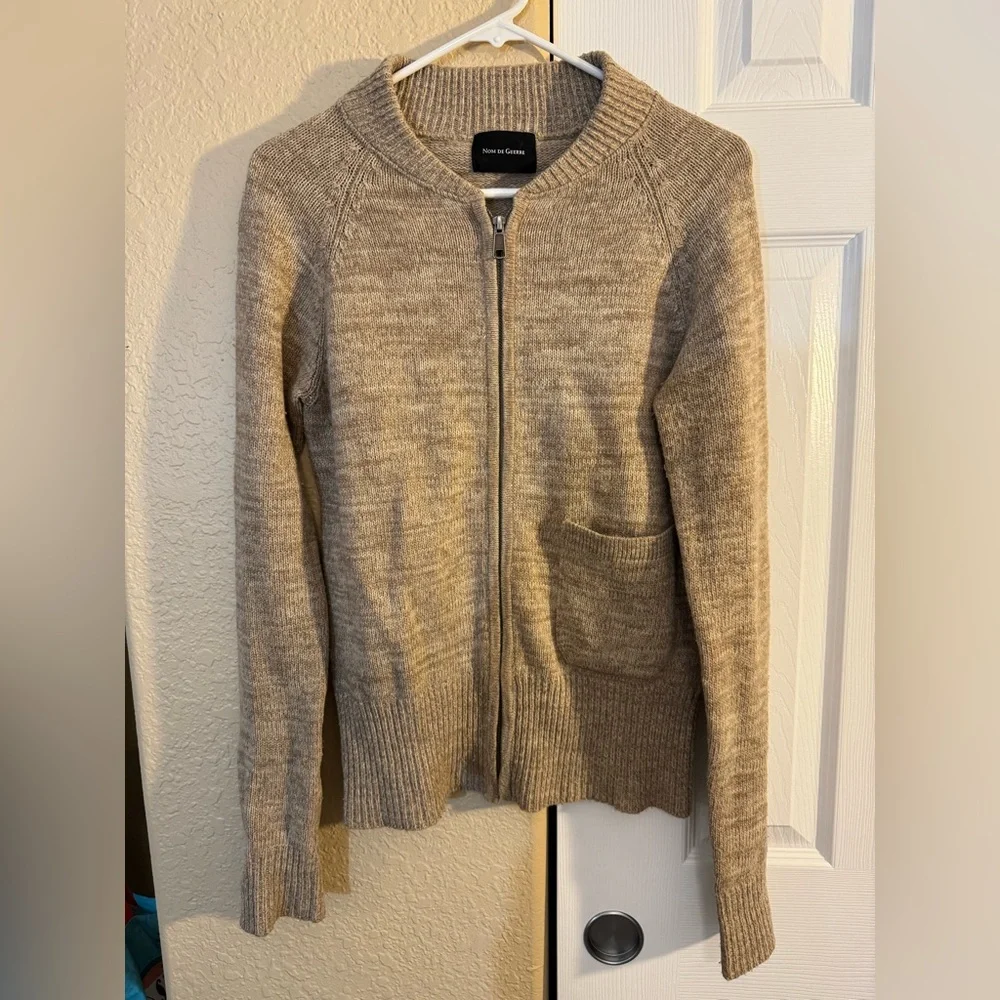 Nom De Guerre Zip Cardigan Wool Blend Sweater Beige Single Pocket Archive